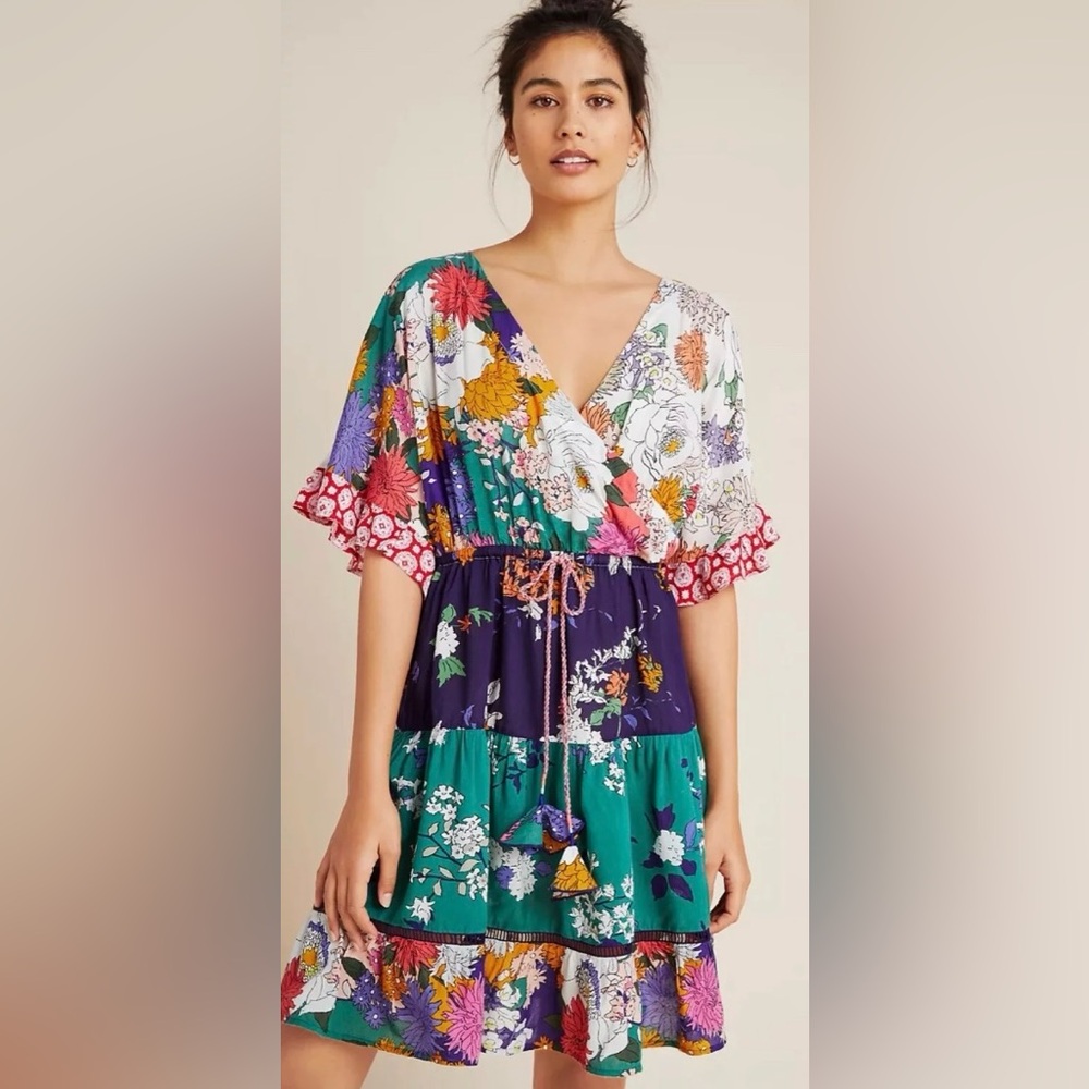 Anthropologie Womens Nettie Tiered Mini Floral Wrap Ruffle Dress Boho Modal XS